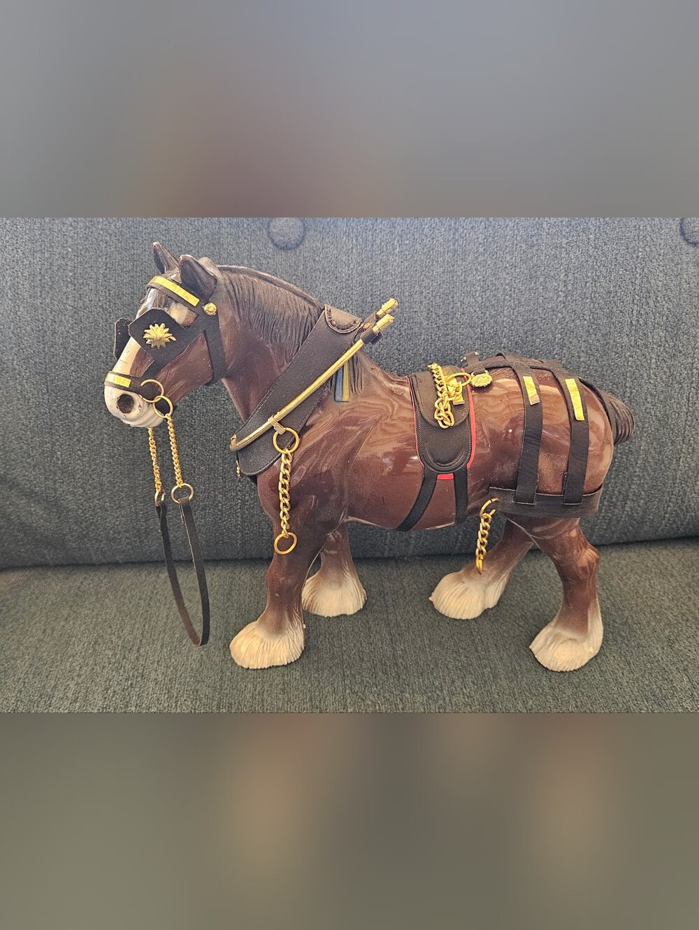 Vintage Harnessed Draft Shire Horse Figurine | Detailed Tack & Chains